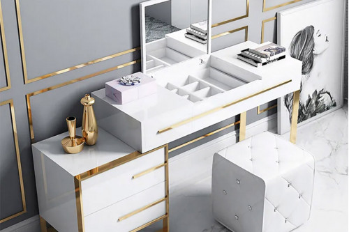 Homary™ Cylina 4-Drawer Vanity Table with Storage and Flip Top Mirror - White and Gold