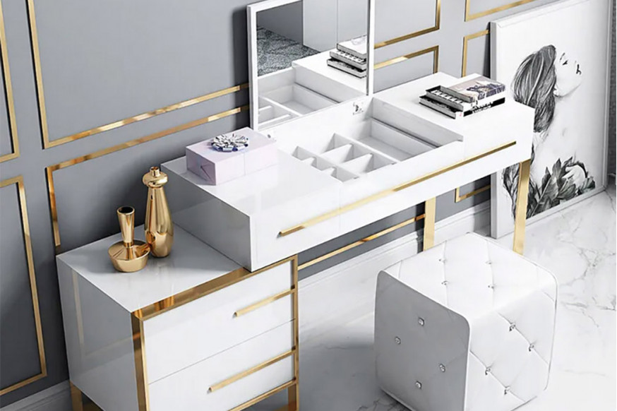 HMR™ Cylina 4-Drawer Vanity Table with Storage and Flip Top Mirror - White and Gold