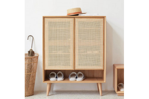 Homary™ Villey Farmhouse Rattan Shoe Storage Cabinet with 2 Doors and 4 Shelves - Natural