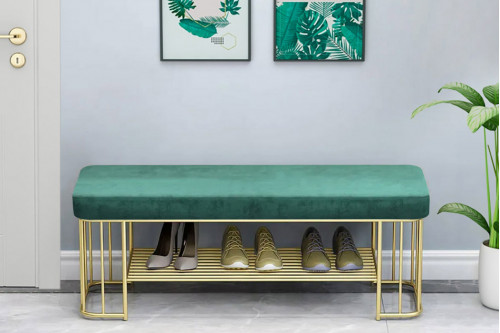 HMR™ Modern Velvet Upholstered Storage Entryway Bench with Golden Frame and Shelves - Green