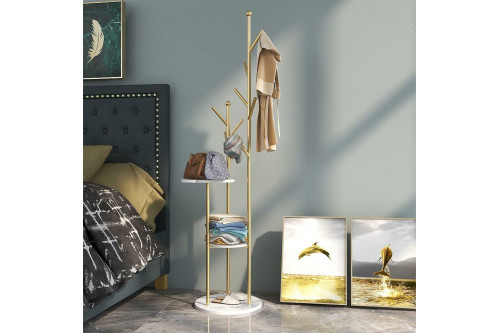 Homary™ Modern Entryway Standing Coat Rack with 9 Hooks and 2 Shelves - Gold