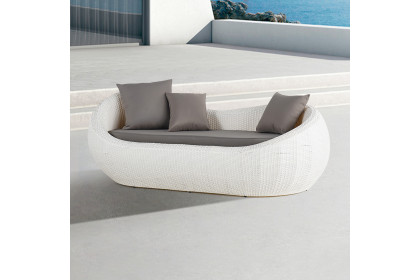 Homary™ Woven Rattan Outdoor Sofa with Cushion and Pillow and Curved Back - White