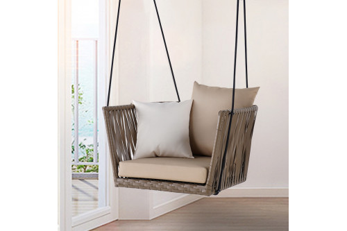 Homary™ Modern Outdoor Hanging Rattan Swing Chair with Cushion Pillow - Khaki