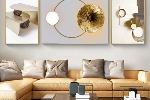 Homary™ 3 Pieces Geometric Abstract Wall Decor with Frame - White and Gold