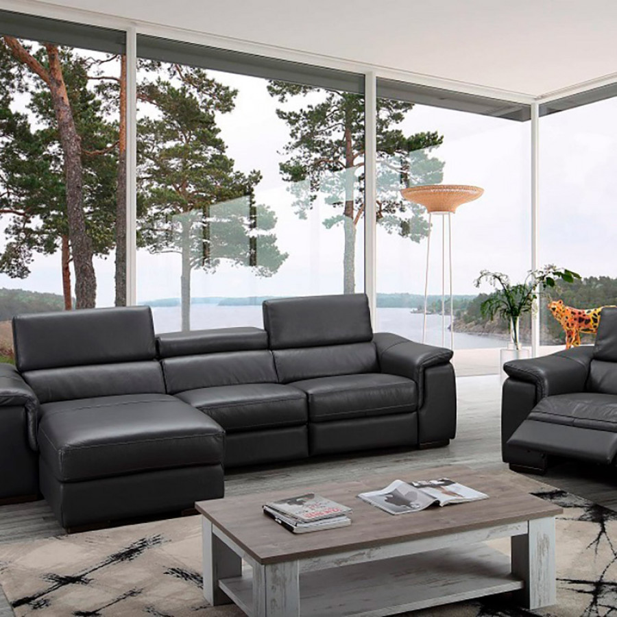 J&M Allegra Premium Leather Sectional - Left Hand Facing Chaise, Slate Gray