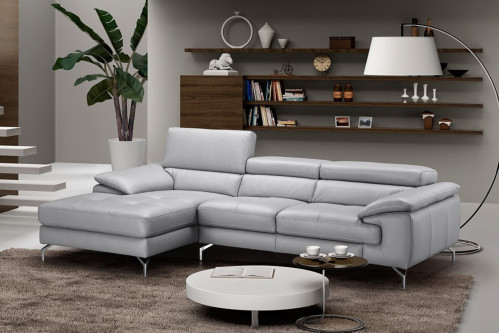 J&M™ Liam Premium Leather Sectional - Left Hand Facing Chaise, Light Gray