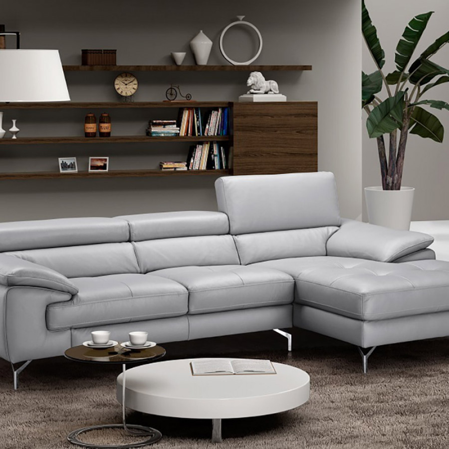 J&M Liam Premium Leather Sectional - Right Hand Facing Chaise, Light Gray