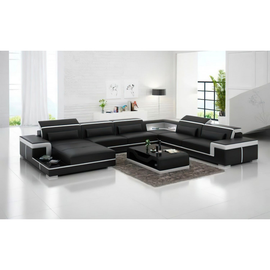Jubilee Perrault Left Hand Facing Sectional with Adjustable Headrest - Black/White, Bonded Leather