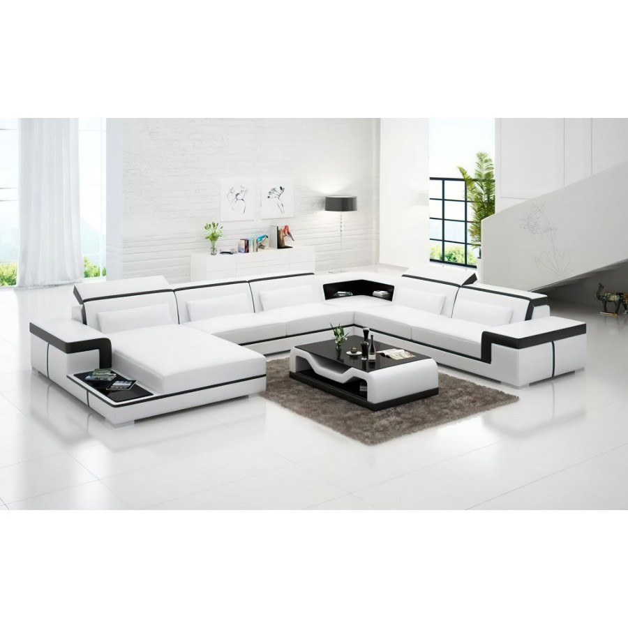 Jubilee Perrault Left Hand Facing Sectional with Adjustable Headrest - White/Black, Bonded Leather