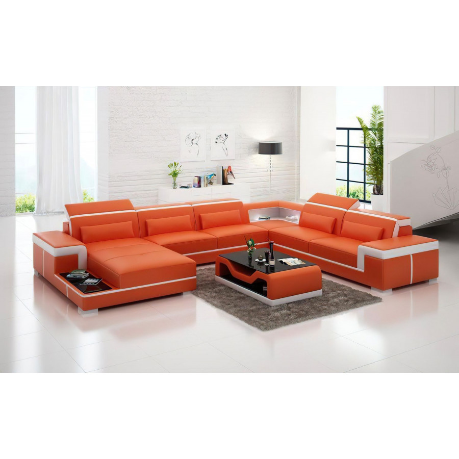 Jubilee Perrault Left Hand Facing Sectional with Adjustable Headrest - Orange/White, Bonded Leather