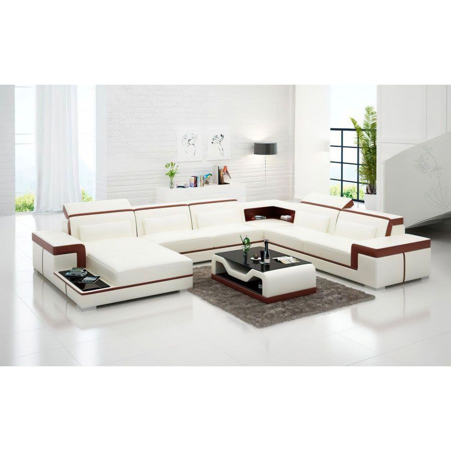 Jubilee Perrault Left Hand Facing Sectional with Adjustable Headrest - White/Brown, Bonded Leather