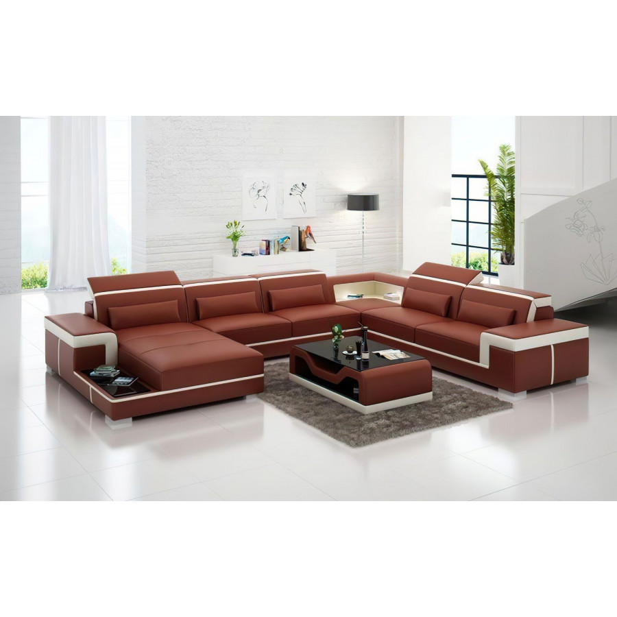 Jubilee Perrault Left Hand Facing Sectional with Adjustable Headrest - Brown/White, Bonded Leather