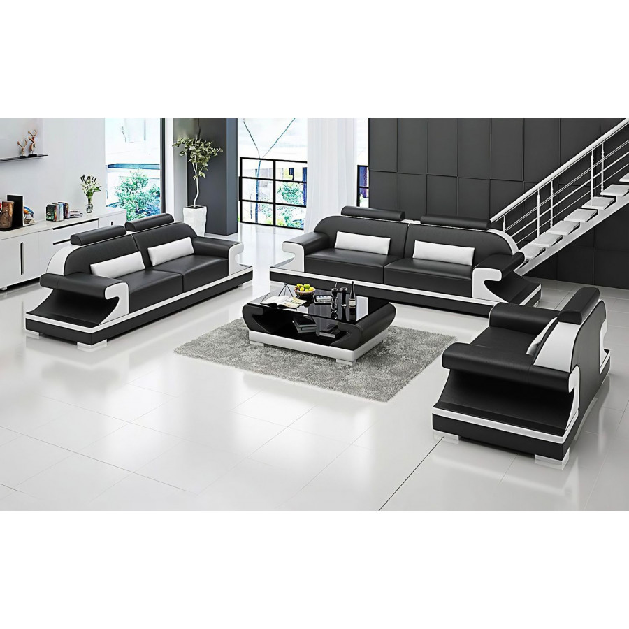 Jubilee Pantaleon Sofa Set with Shape Arm - Black/White, Bonded Leather