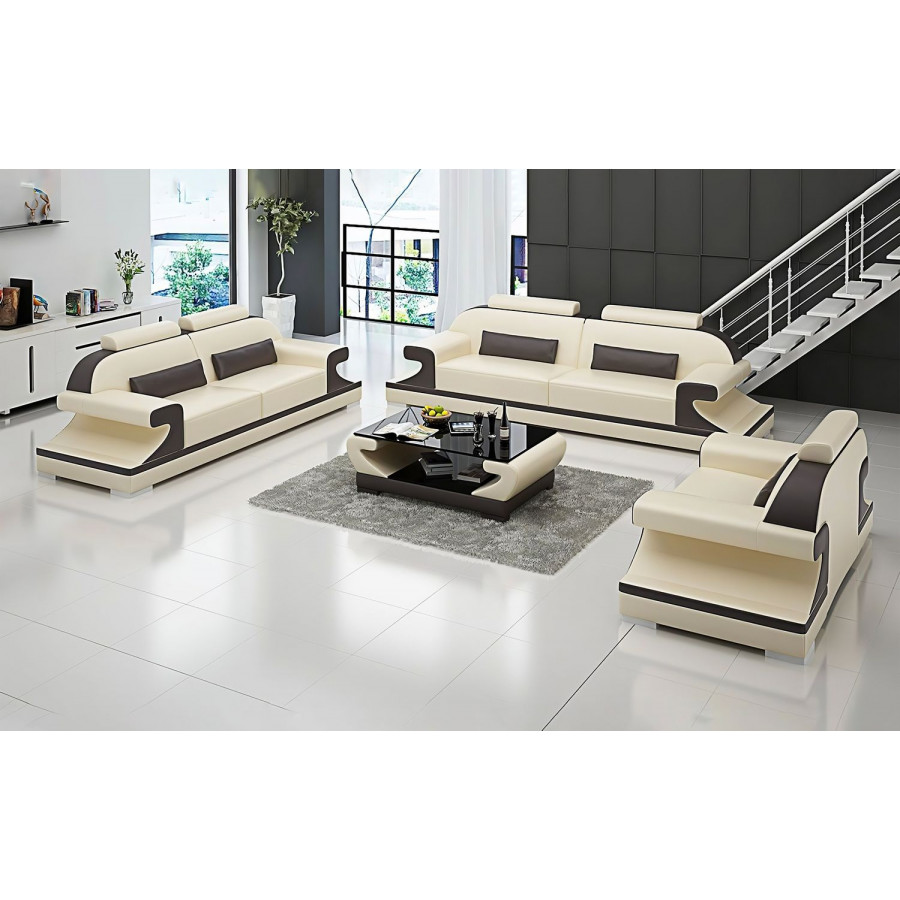 Jubilee Pantaleon Sofa Set with Shape Arm - Beige/Dark Brown, Bonded Leather