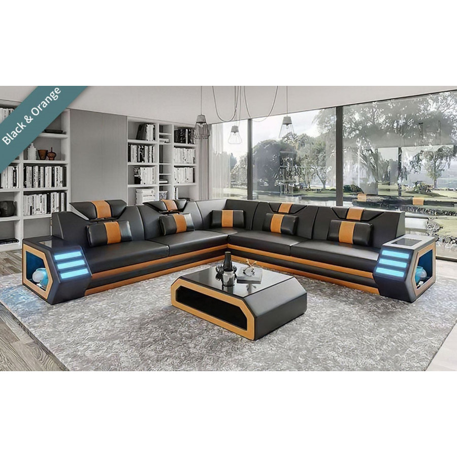 Jubilee Mcmanu Modern Sectional with Led - Black/Orange, Bonded Leather