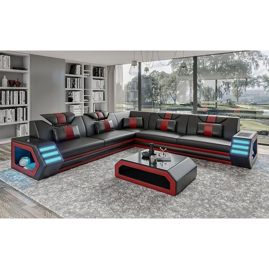 Jubilee Mcmanu Modern Sectional with Led - Black/Red, Bonded Leather