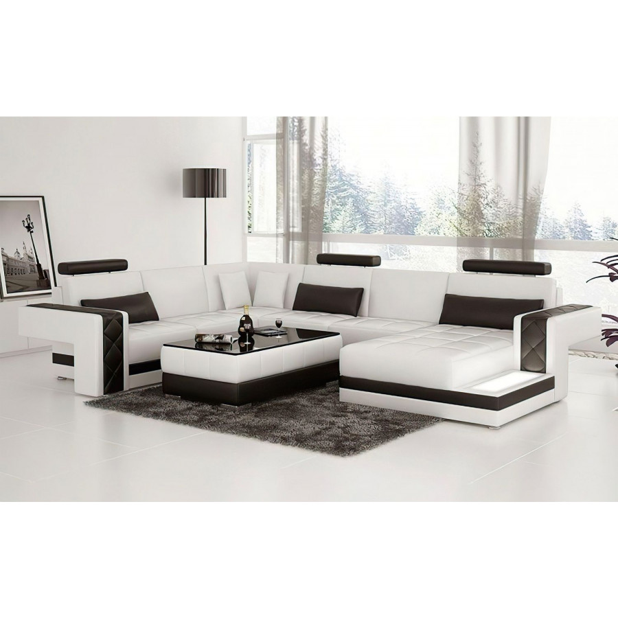 Jubilee Cuko Modern Large Left Hand Facing Sectional with Led - White/Black, Bonded Leather