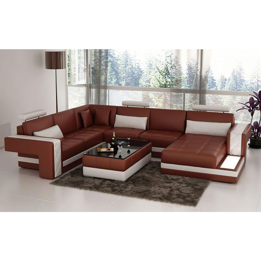 Jubilee Cuko Modern Large Left Hand Facing Sectional with Led - Brown/White, Bonded Leather