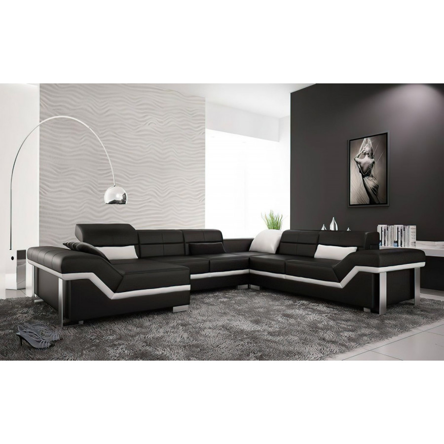 Jubilee Pivot Large Left Hand Facing Sectional with Adjustable Headrest - Black/White, Bonded Leather