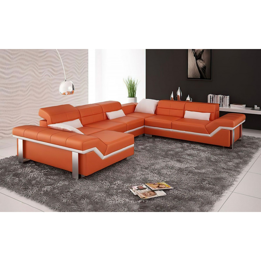Jubilee Pivot Large Left Hand Facing Sectional with Adjustable Headrest - Orange/White, Bonded Leather