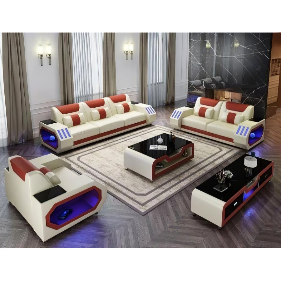 Jubilee Artica Sofa Set with Adjustable Headrest - Cream/Orange, Bonded Leather