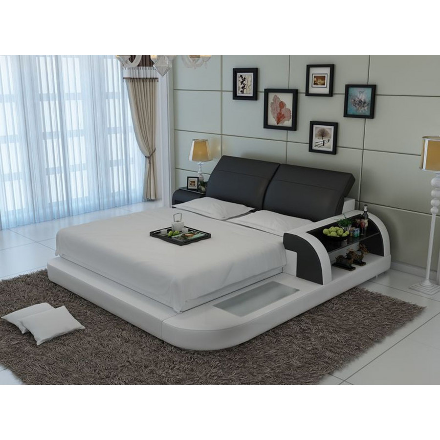 Jubilee Braided California King Size Both Hand Facing Platform Bed with Storage - White/Black, Italian Top Grain Leather
