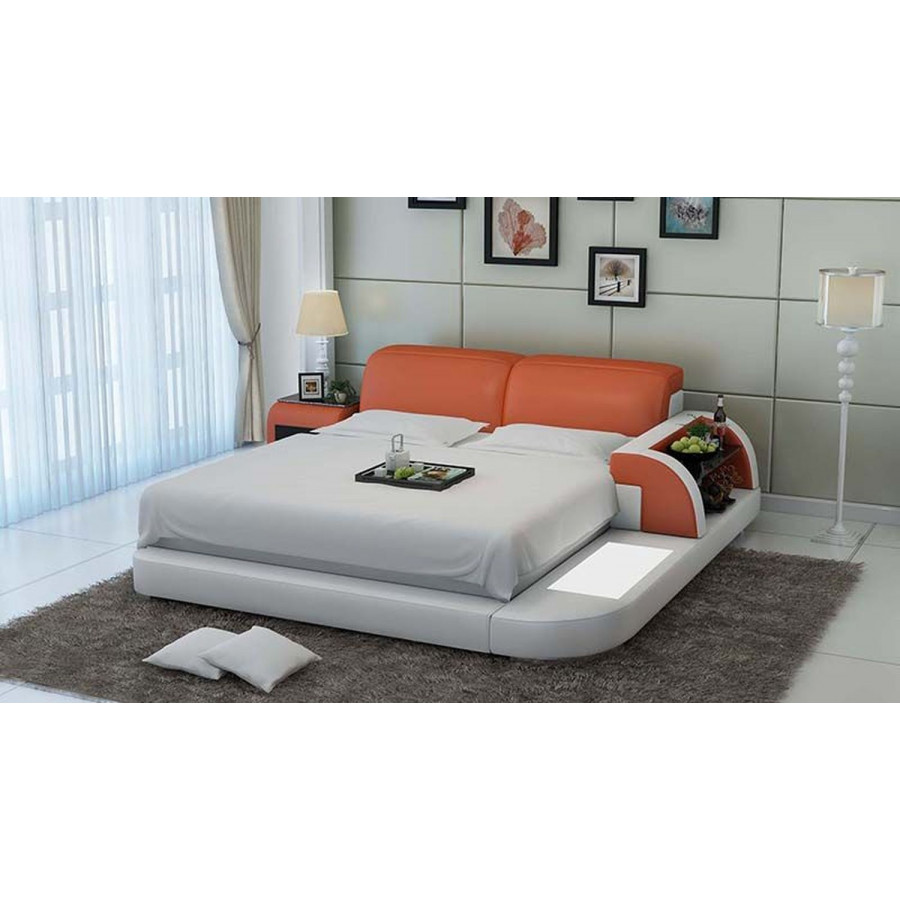 Jubilee Braided Queen Size Left Hand Facing Platform Bed with Storage - White/Orange, Bonded Leather