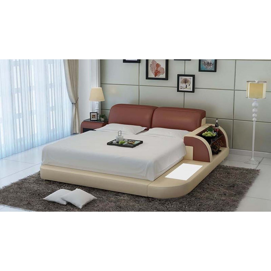 Jubilee Braided King Size Left Hand Facing Platform Bed with Storage - Beige/Brown, Italian Top Grain Leather