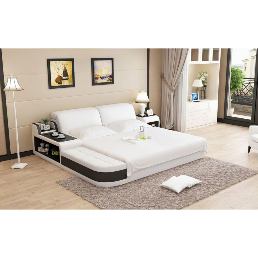 Jubilee Casun King Size Left Hand Facing Bed with Storage - White/Black, Italian Top Grain Leather