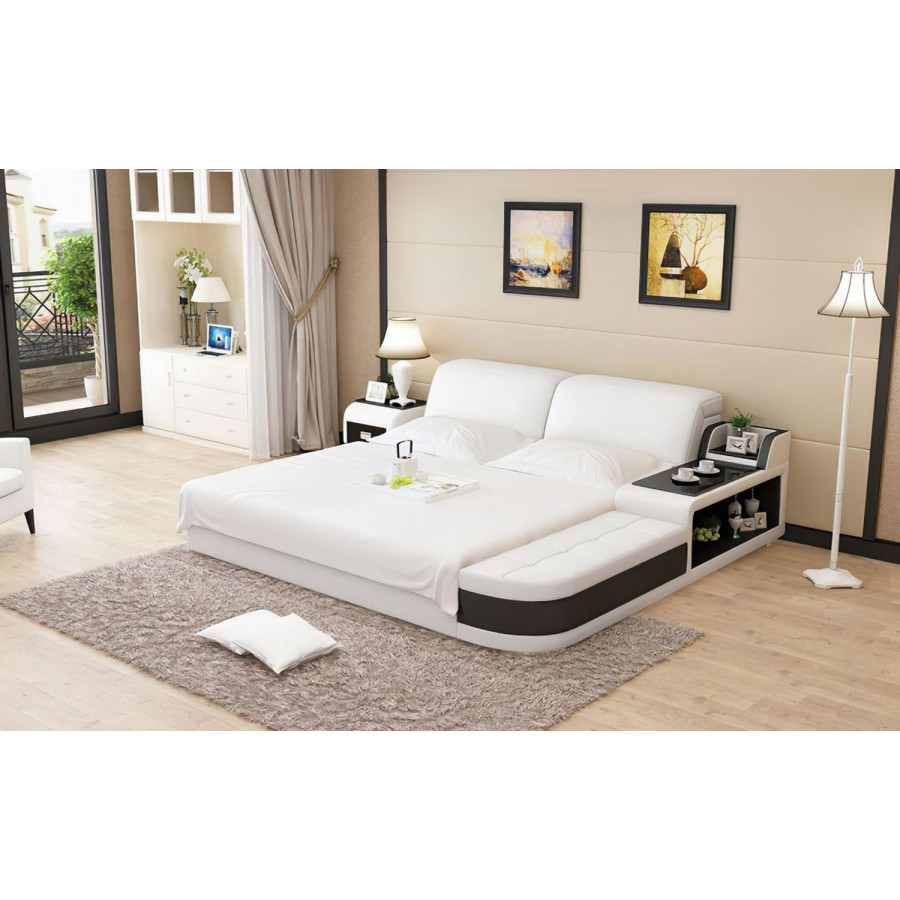 Jubilee Casun California King Size Right Hand Facing Bed with Storage - White/Black, Bonded Leather