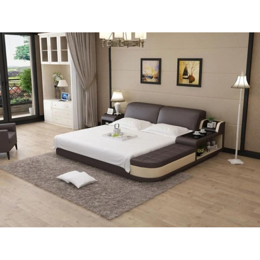 Jubilee Casun Queen Size Both Hand Facing Bed with Storage - Dark Brown/Beige, Bonded Leather