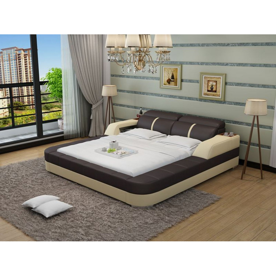 Jubilee Denya Modern Queen Size Bed with Storage - Dark Brown/Beige, Bonded Leather