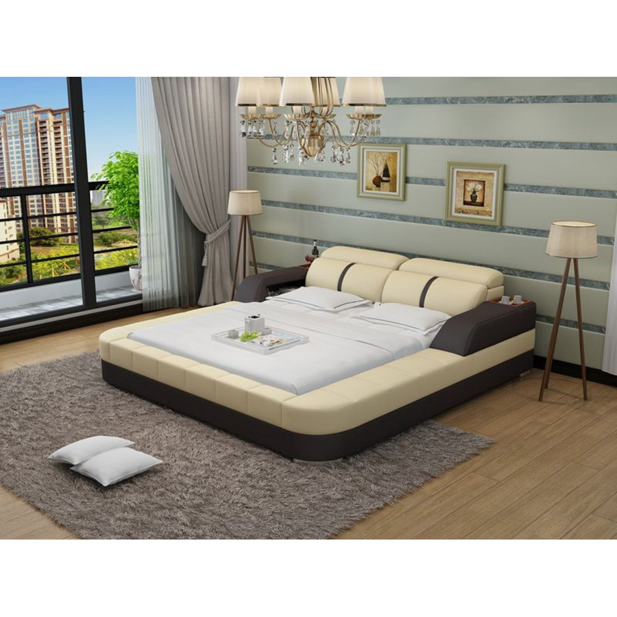 Jubilee Denya Modern Queen Size Bed with Storage - Beige/Dark Brown, Bonded Leather
