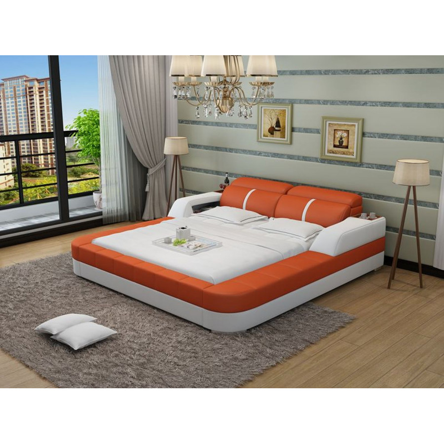 Jubilee Denya Modern Queen Size Bed with Storage - White/Orange, Bonded Leather