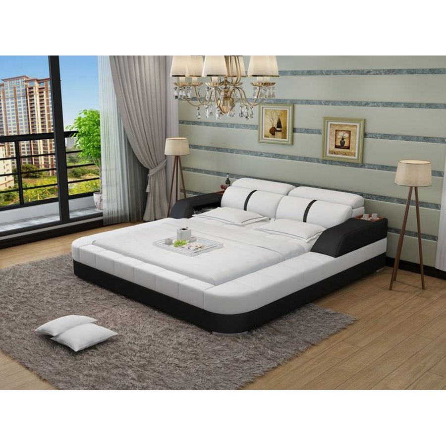 Jubilee Denya Modern King Size Bed with Storage - White/Black, Bonded Leather