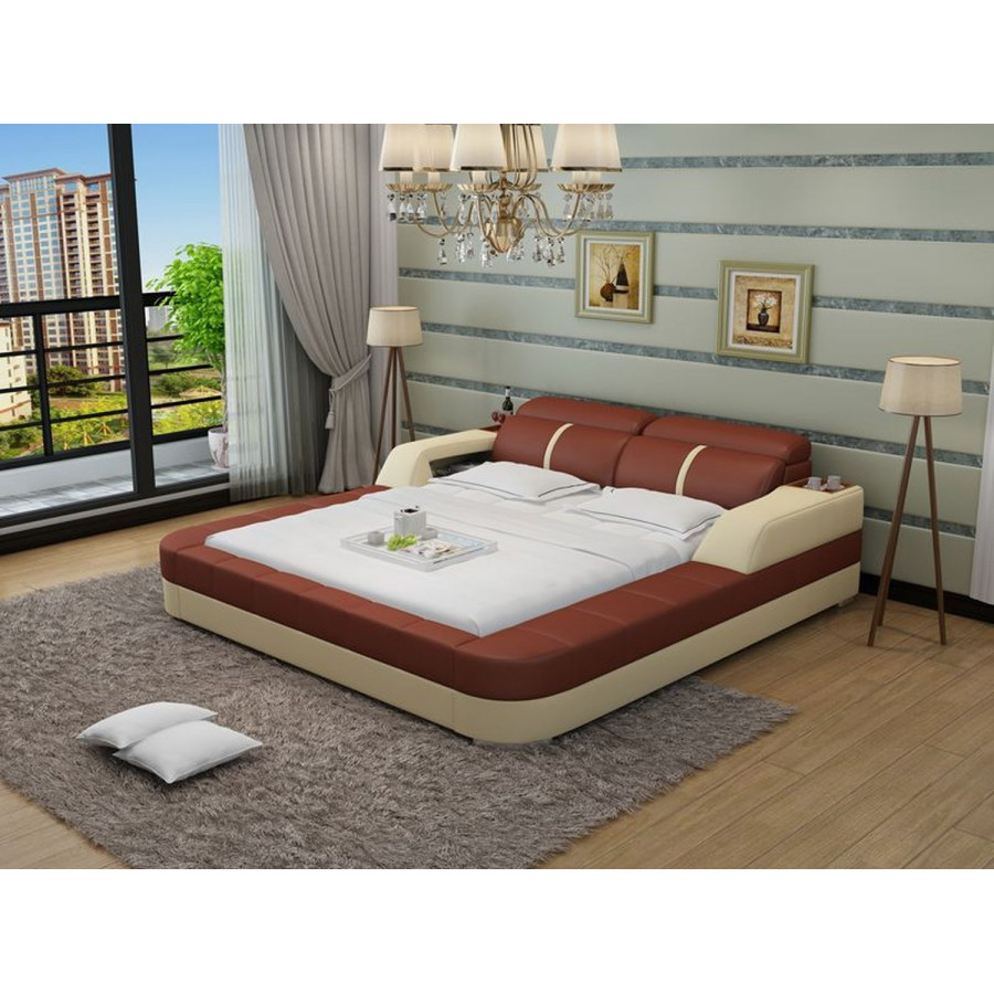 Jubilee Denya Modern King Size Bed with Storage - Beige/Brown, Italian Top Grain Leather