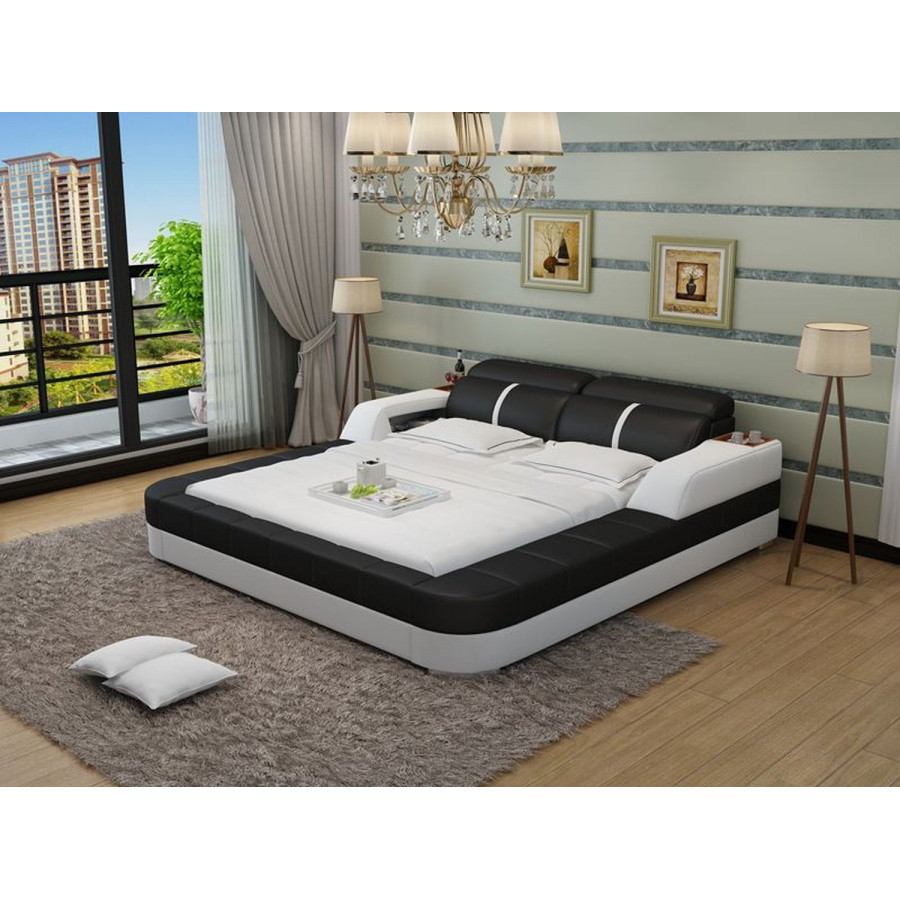 Jubilee Denya Modern California King Size Bed with Storage - Black/White, Bonded Leather