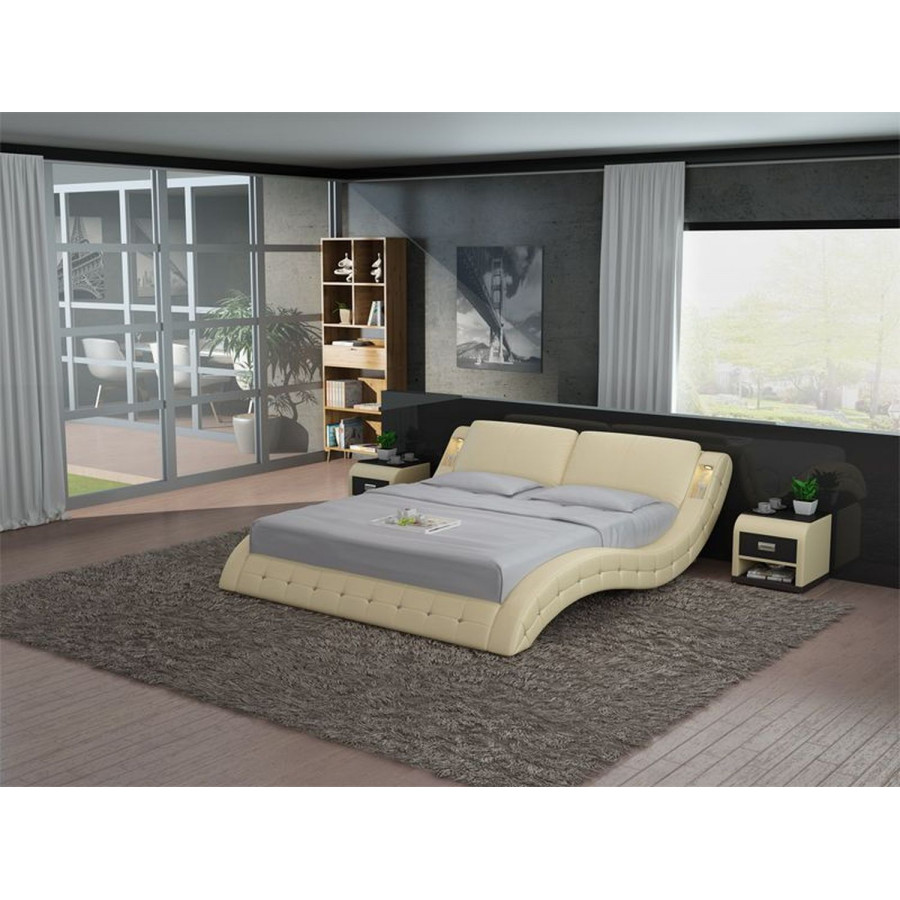 Jubilee Deskins Modern Tufted California King Size Bed - Beige, Italian Top Grain Leather