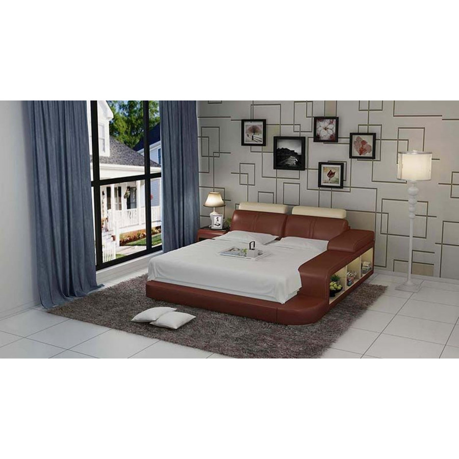 Jubilee Golden King Size Right Hand Facing Bed with 3 Storages - Brown/Beige, Italian Top Grain Leather