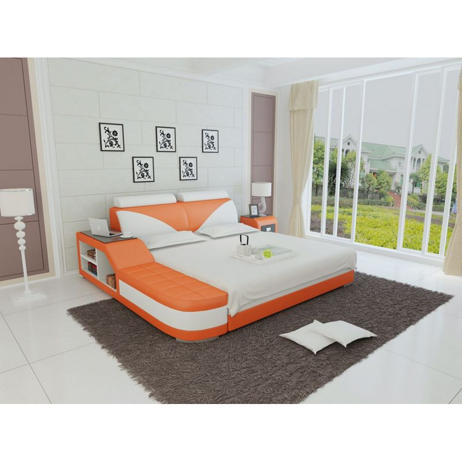 Jubilee Indira King Size Left Hand Facing Bed with Storage - Orange/White, Italian Top Grain Leather