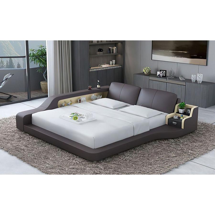 Jubilee Mcguire King Size Left Hand Facing Bed with Storage - Dark Brown/Beige, Italian Top Grain Leather