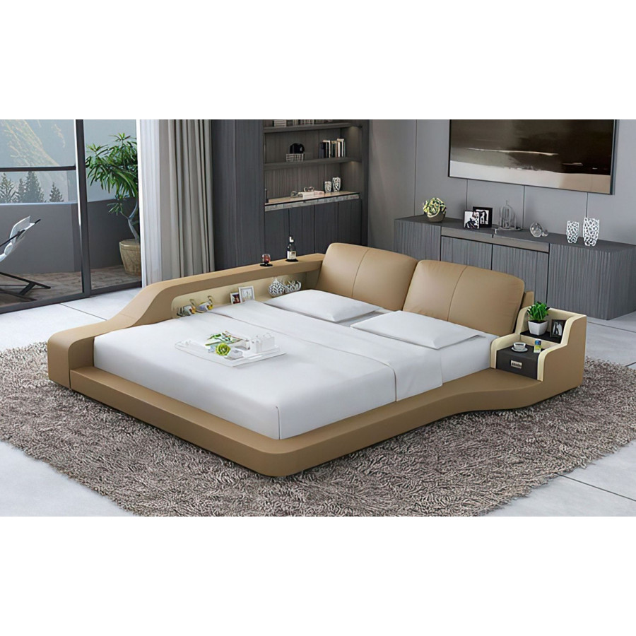Jubilee Mcguire King Size Left Hand Facing Bed with Storage - Tan/Beige, Italian Top Grain Leather