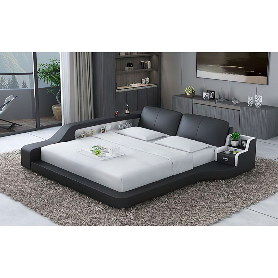 Jubilee Mcguire California King Size Right Hand Facing Bed with Storage - Black/White, Bonded Leather