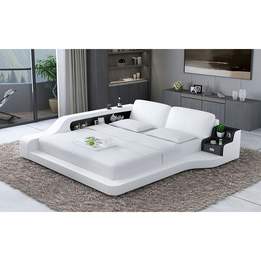 Jubilee Mcguire California King Size Right Hand Facing Bed with Storage - White/Black, Italian Top Grain Leather