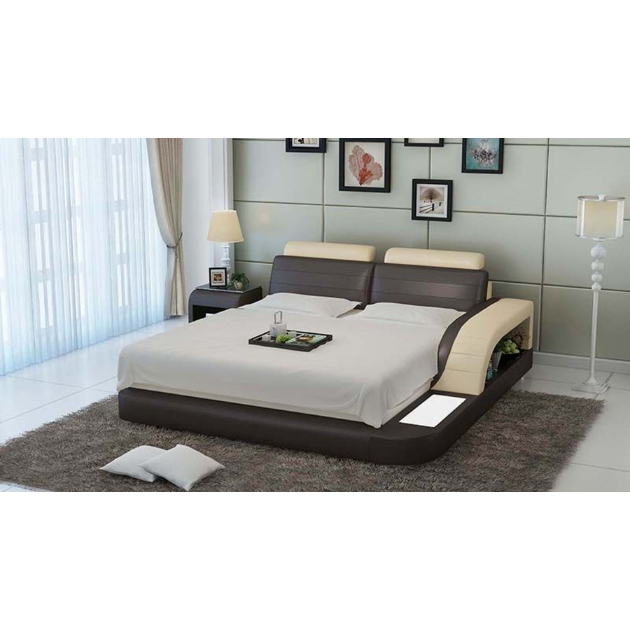 Jubilee Nathanson Queen Size Right Hand Facing Bed with Storage - Dark Brown/Beige, Bonded Leather