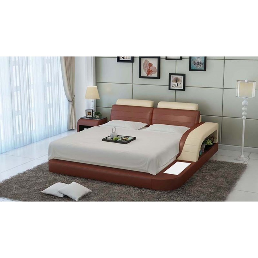 Jubilee Nathanson Queen Size Right Hand Facing Bed with Storage - Brown/Beige, Bonded Leather