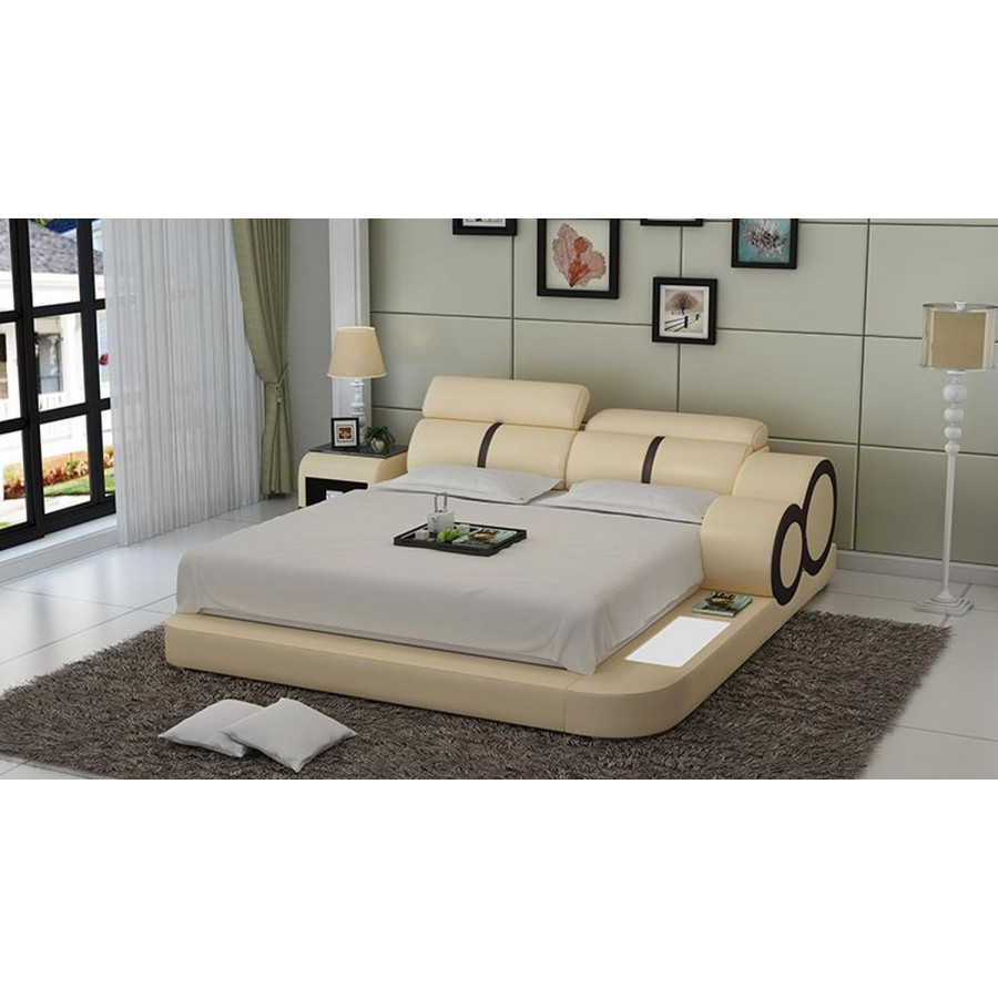 Jubilee Soleia Queen Size Right Hand Facing Bed with Adjustable Headrest - Beige/Dark Brown, Bonded Leather