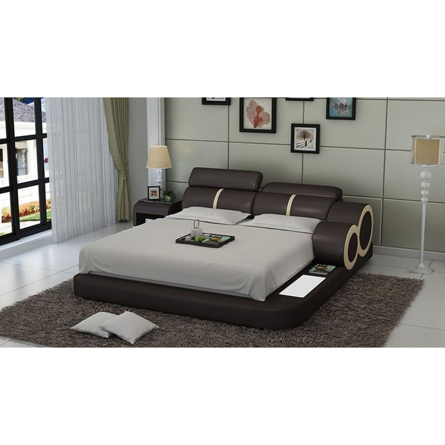 Jubilee Soleia Queen Size Right Hand Facing Bed with Adjustable Headrest - Dark Brown/Beige, Bonded Leather