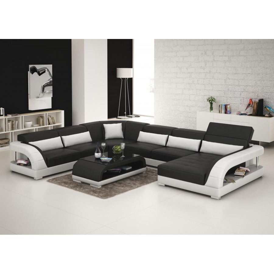 Jubilee Copenhagen Modern Right Hand Facing Sectional with Coffee Table - Black/White, Bonded Leather