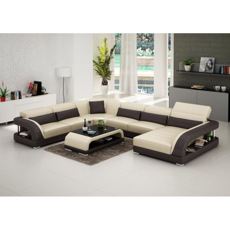 Jubilee Copenhagen Modern Left Hand Facing Sectional - Beige/Dark Brown, Italian Top Grain Leather
